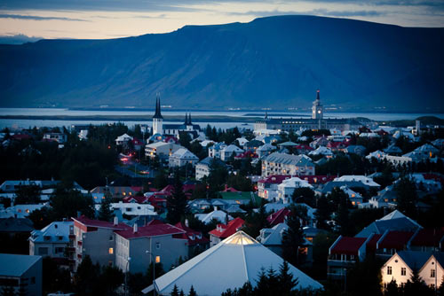 City in Iceland homes and buildings and coastline